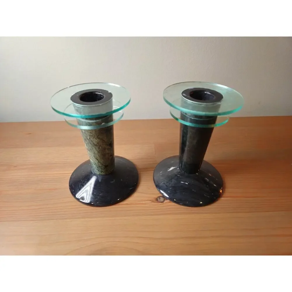 2 Milano Series Memphis Style 1980s Green-Black Marble Candle Holder Pair